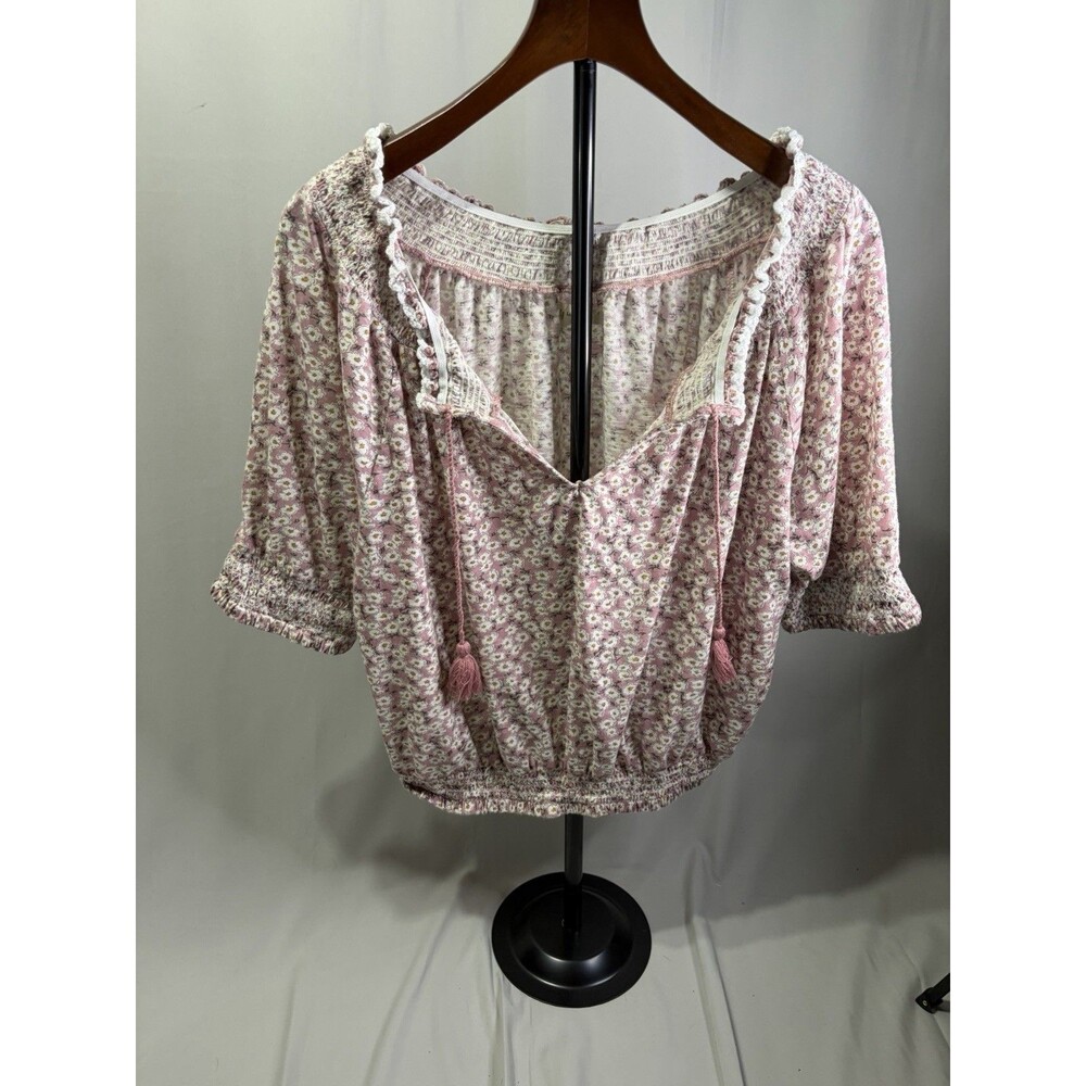 Women’s Lucky Brand Pink Floral Smocked Puff Sleeve Cropped Top Large